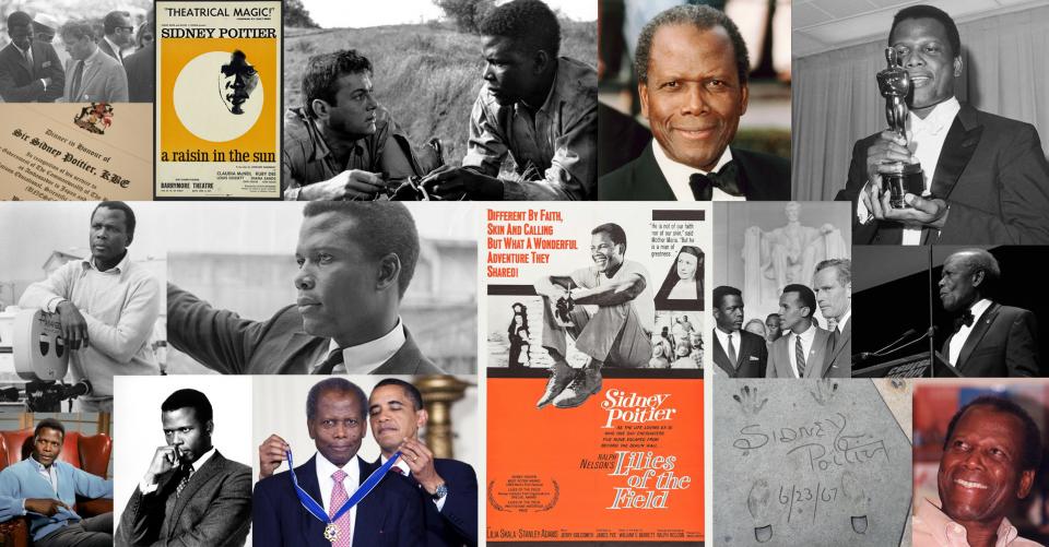 collage of various Sidney Poitier photos and movie posters