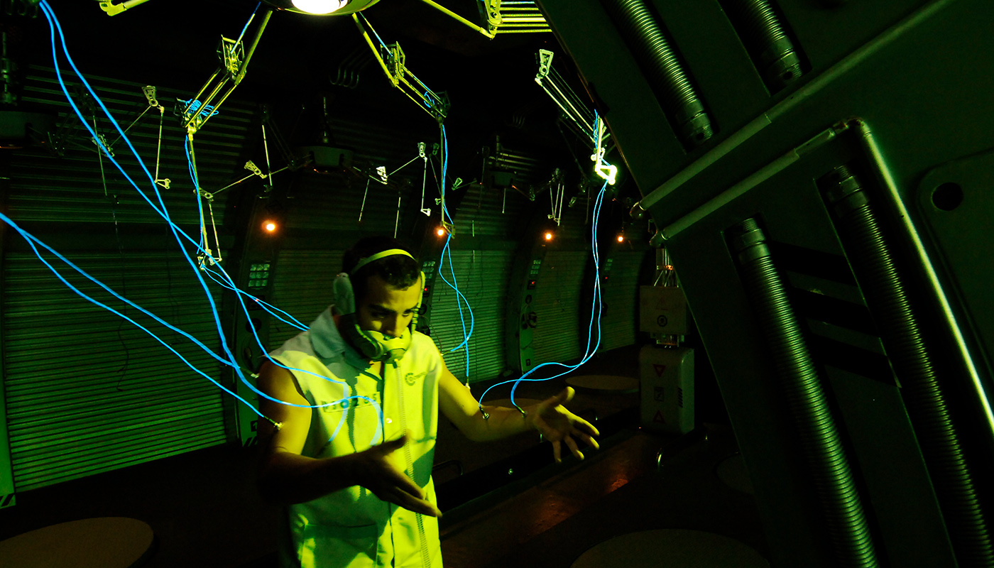 Scifi scene with man wearing mask